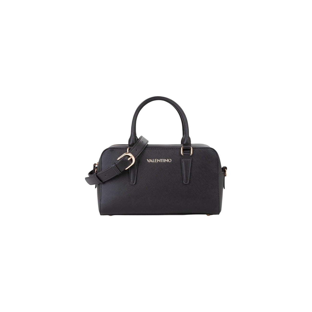 Valentino Bags Zero Re VBS7B323, borsa media nera con doppi manici e tracolla; logo metallico gold, interni organizzati e piedini di protezione, ideale per la donna dinamica. Vista frontale 