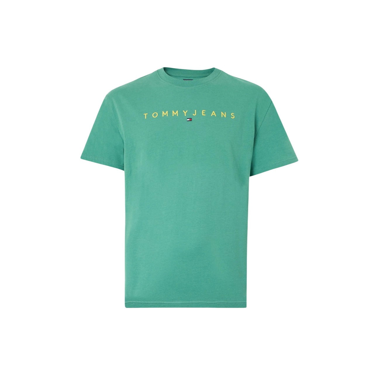 Dettaglio t-shirt Tommy Hilfiger Jeans TJM REG LINEAR LOGO uomo nera con stampa logo lineare e scollo tondo
