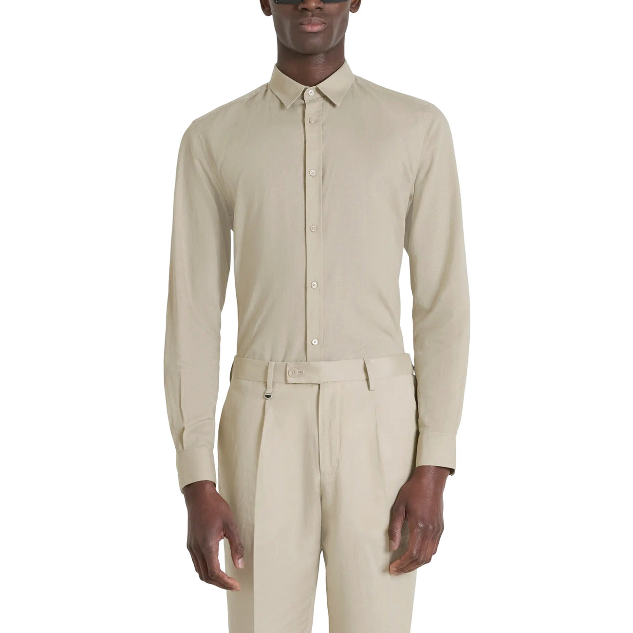 Antony Morato Camicia Uomo Beige Monocromo Manica Lunga Bottoni Colletto Classico 75% Cotone 25% Lino Primavera/Estate MMSL00759-FA401074