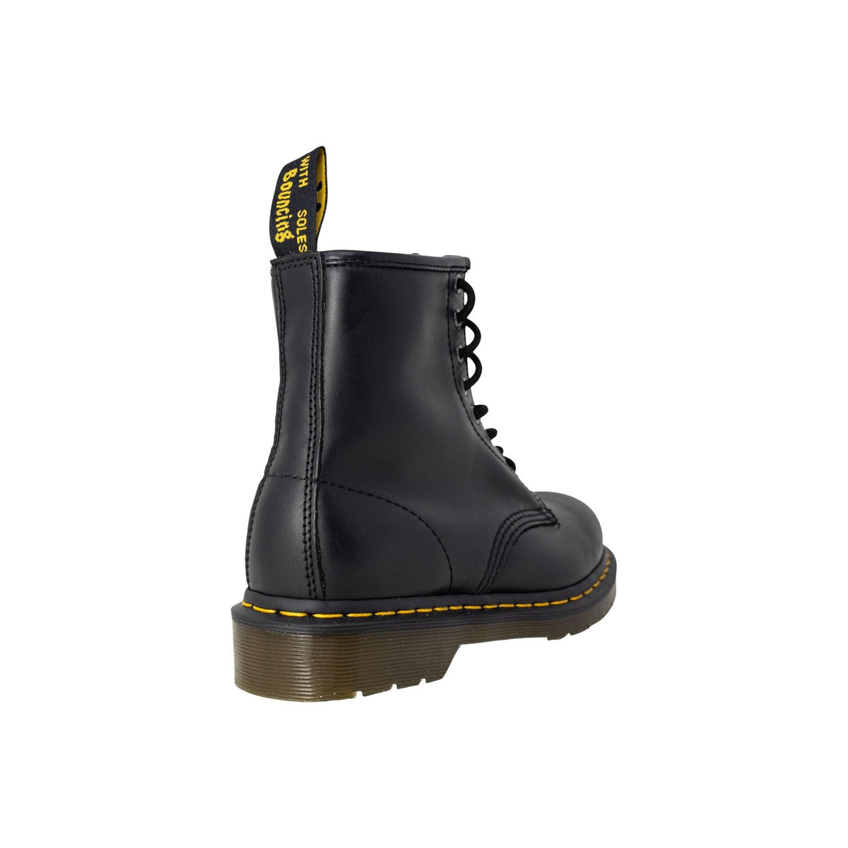 Anfibi neri donna Dr. Martens 1460 Nappa 11822002. Stivali neri stringati 8 fori in pelle nappa con iconica impuntura gialla, suola in gomma gommata e tirante logo.