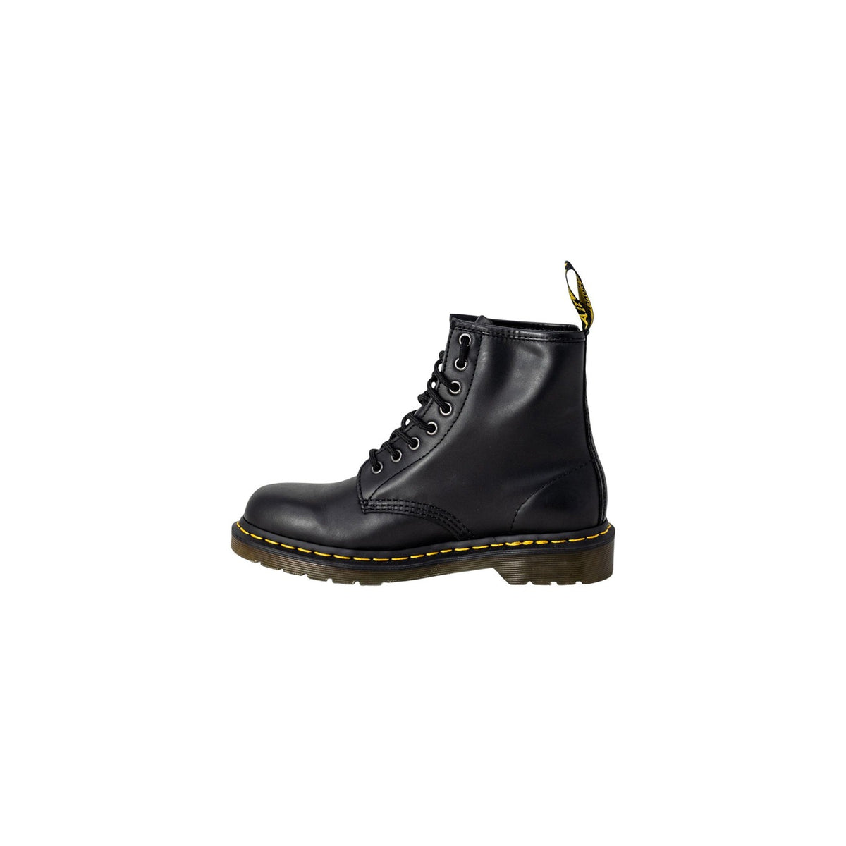 Anfibi neri donna Dr. Martens 1460 Nappa 11822002. Stivali neri stringati 8 fori in pelle nappa con iconica impuntura gialla, suola in gomma gommata e tirante logo.