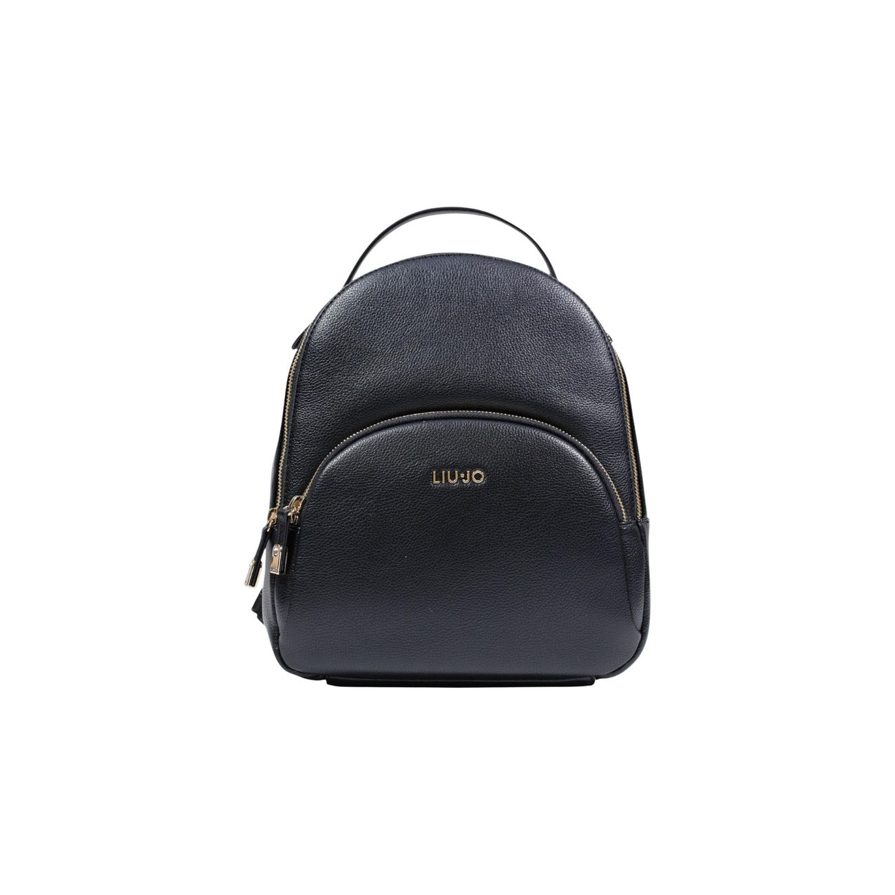 Liu Jo Backpack ECS; zaino nero in similpelle con tasca frontale zippata e logo applicato. Spallacci sottili ed eleganti, perfetto per outfit urban-chic contemporanei. Vista frontale 
