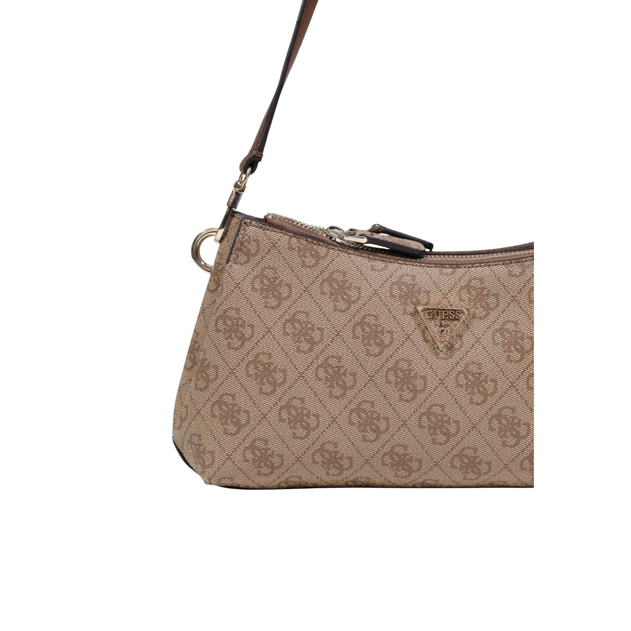 Guess Noelle II Shoulder Bag; borsa marrone e beige logata con triplo scomparto e doppia portabilità. Dettagli hardware gold, stile iconico e massima praticità quotidiana. Vista frontale dettaglio logo 