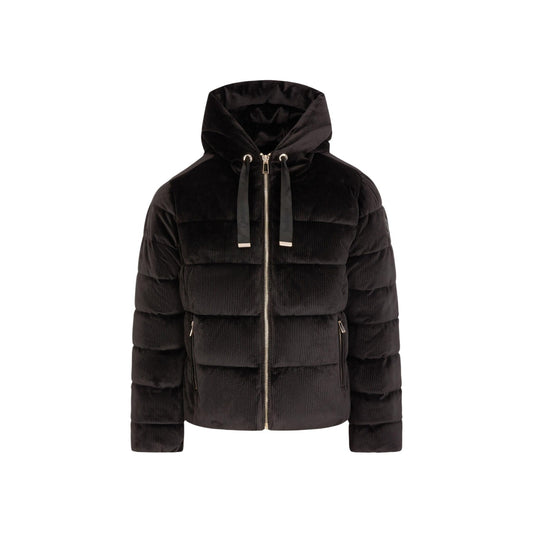 Piumino velluto nero donna Morgan De Toi 262-GLAMI. Giacca imbottita invernale effetto velluto in poliestere ed elastan con cappuccio, cerniera frontale e tasche con zip.