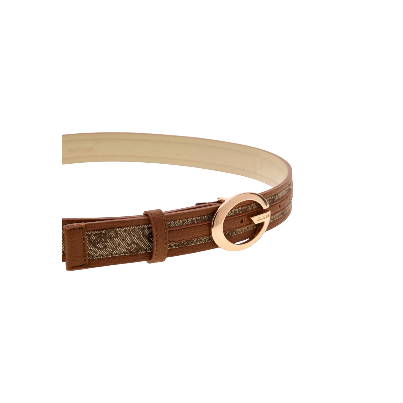 Cintura Beige Donna Guess Camden; Altezza 4 cm, lunghezza 93 cm. Tessuto 100% poliestere con motivo monogramma centrale, bordi rifiniti e fibbia ovale in metallo dorato con logo in rilievo. Stile 4 stagioni. Frontale 