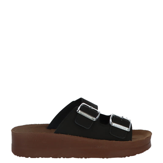 Ciabatte Platform Carrera; Nero e Marrone. Doppia fascia con fibbie regolabili, suola rialzata a contrasto, stile casual-contemporaneo. Leggere, fresche e stabili per la tua estate.