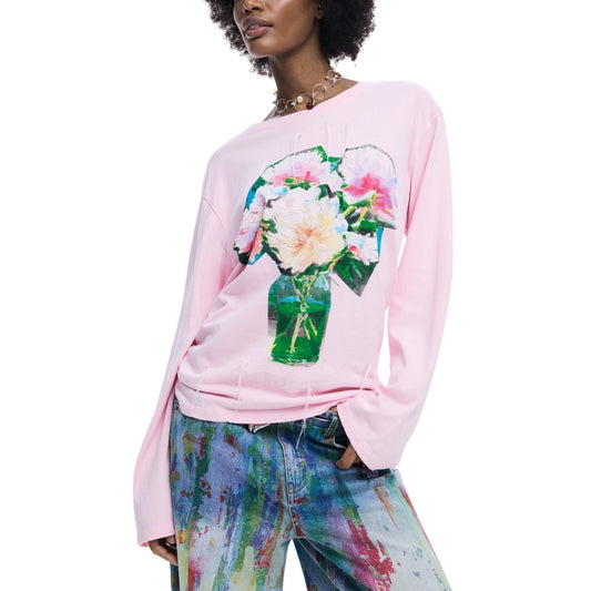 T-shirt Desigual donna rosa con stampa manica lunga scollo tondo 100% cotone - vista frontale indossata da modello figura intera