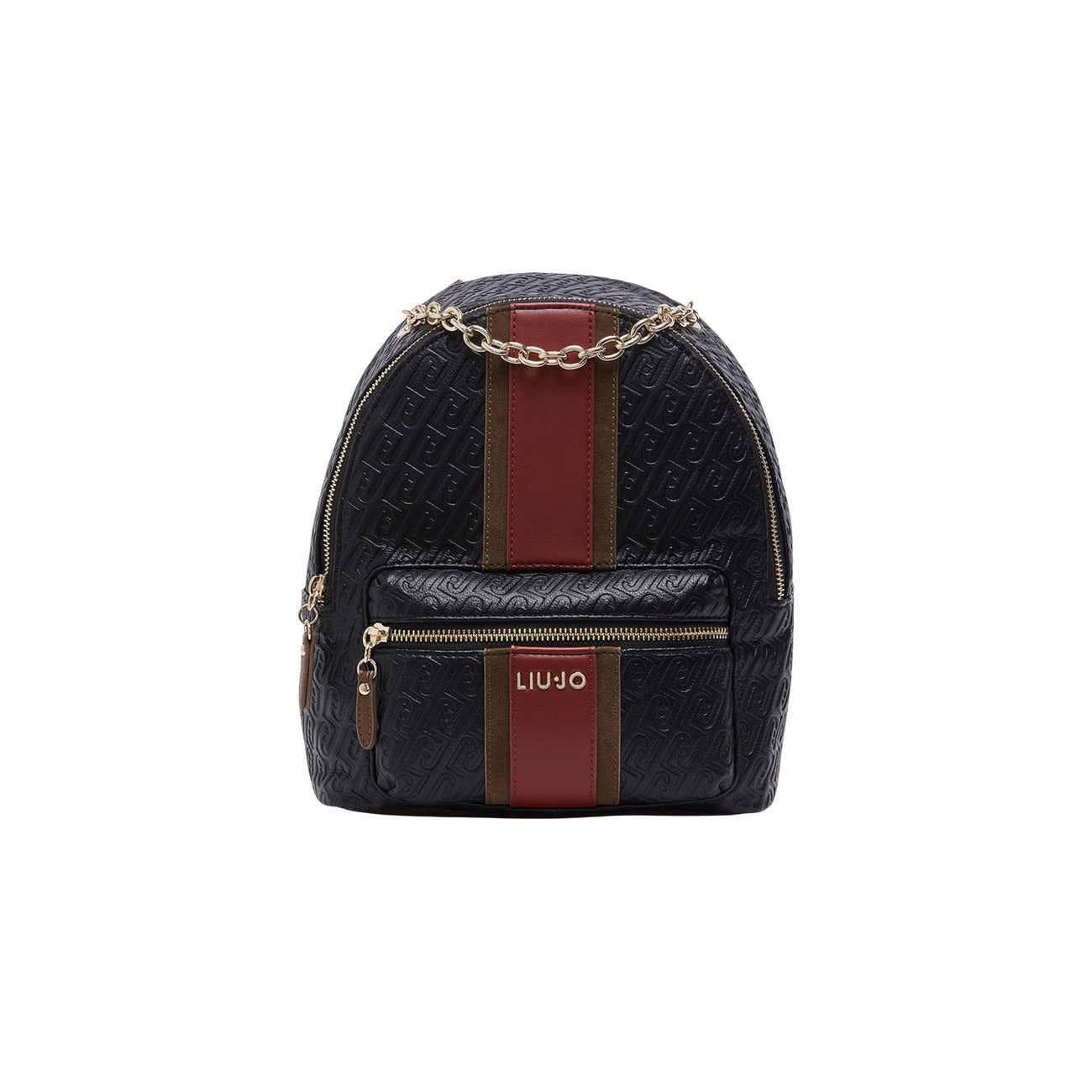 Zaino Liu Jo nero logo rilievo AF6111 E1141. Zainetto da donna nero in ecopelle con catena dorata sulla tasca frontale, spallacci regolabili e chiusura zip, zaino elegante da città e viaggi 4 stagioni.