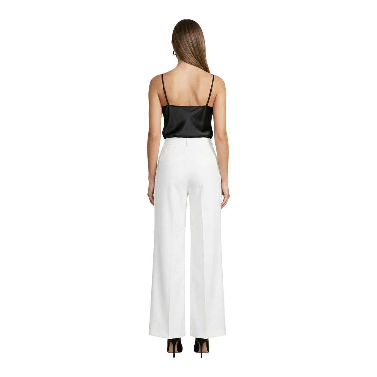 Pantaloni I AM Wide Leg; 88% Poliestere, 12% Elastan. Bianco Ottico, piega centrale, Regular Fit. Pantaloni donna eleganti e fluidi, Made in Italy. Vista posteriore 