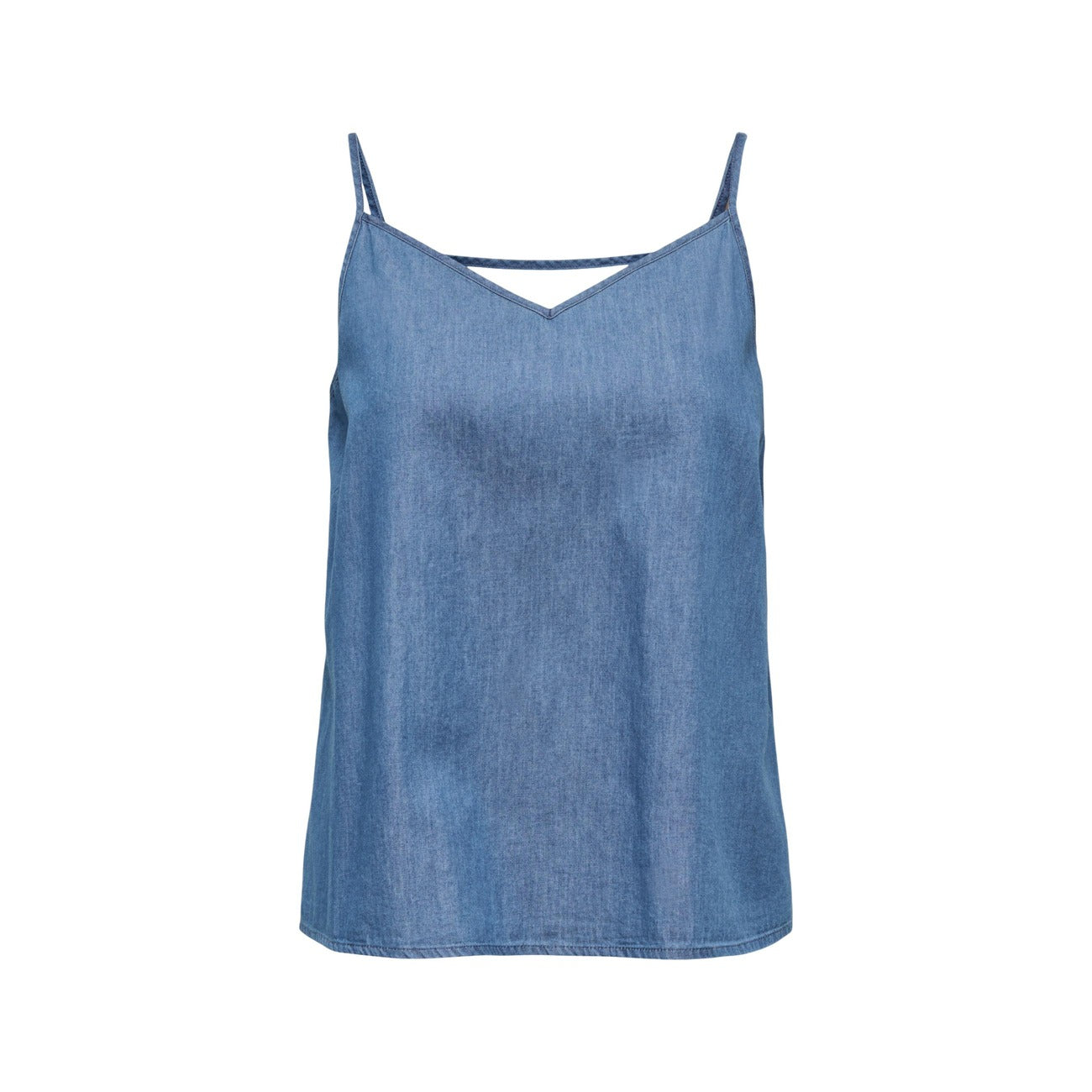 Canotta Only Onlnova Blu; 100% Cotone. Scollo a V, spalline regolabili, vestibilità svasata. Top leggero estivo stile casual. Disponibile in blu tinta unita. Vista stesa frontale 