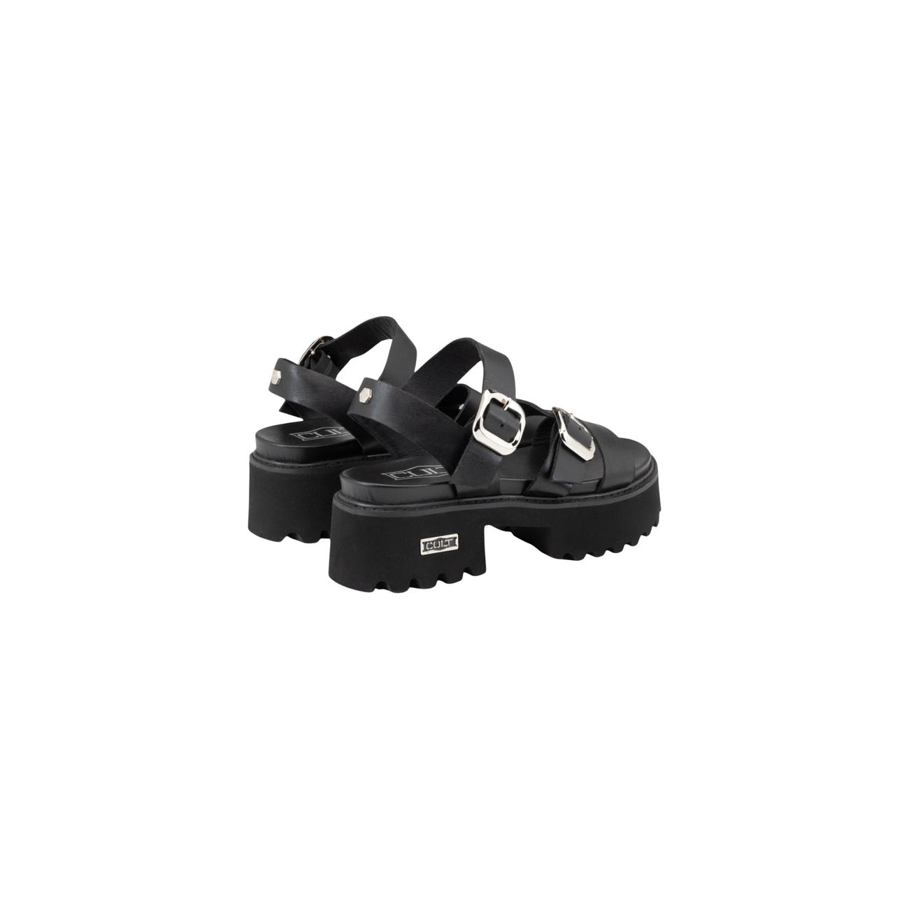 Cult Cher 4536; Sandalo Platform Nero. 100% Pelle, tacco 5 cm. Doppia fibbia in metallo, suola sagomata antiscivolo, interno in pelle traspirante. Laterale posteriore 