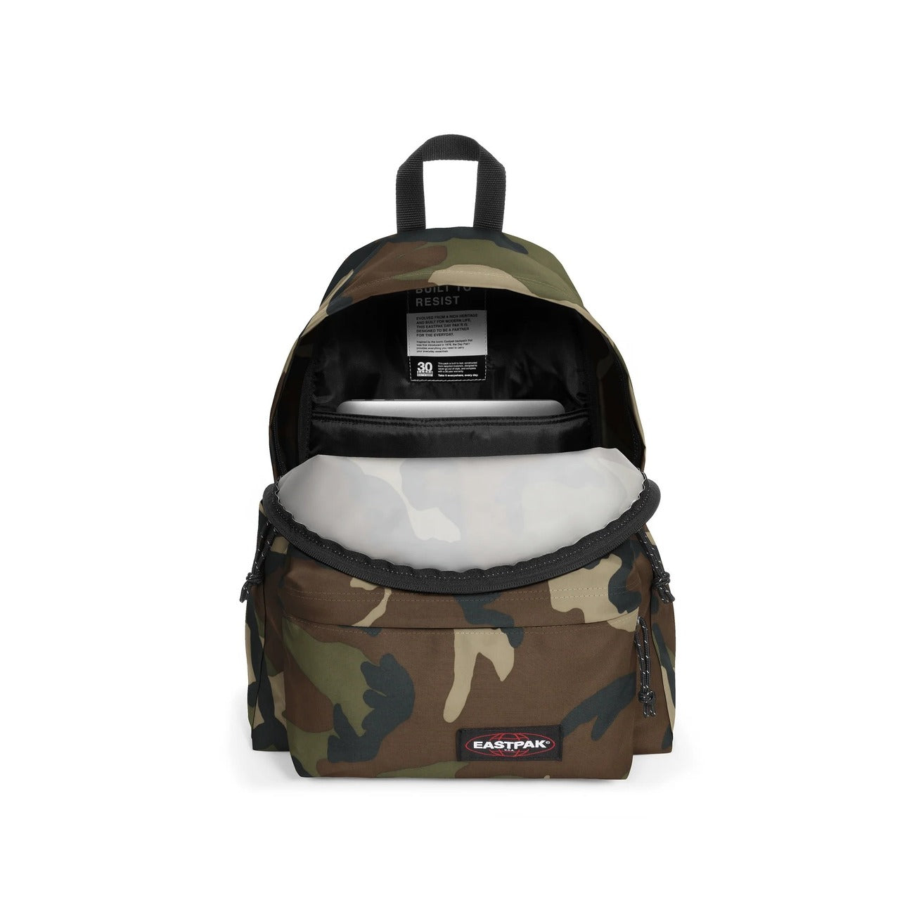Zaino Eastpak Camo Padded Pak'r mimetico. Zaino scuola e lavoro in poliestere impermeabile, idoneo per formato A4 e laptop 14", con spallacci regolabili imbottiti, tasca antifurto e tasche borracce laterali.