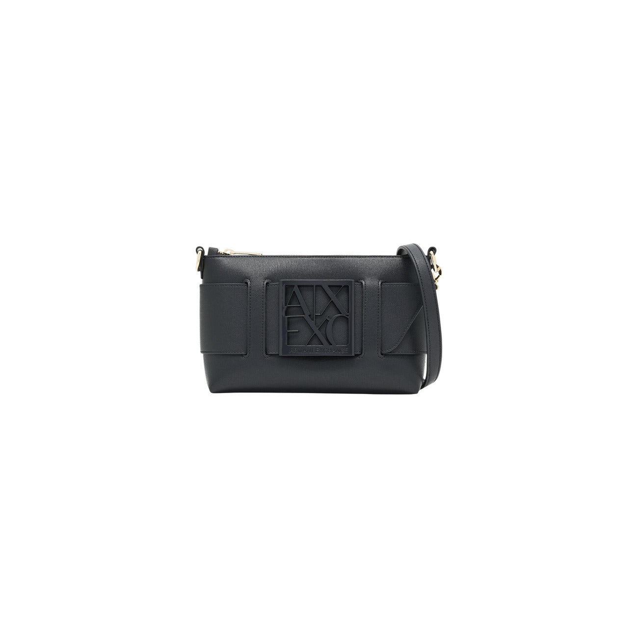 Borsa a spalla Armani Exchange nera 942907 0A874. Mini bag da donna nera in ecopelle con logo 3D a rilievo, dettagli e tracolla con elementi oro e chiusura zip, borsa casual ed elegante 4 stagioni.