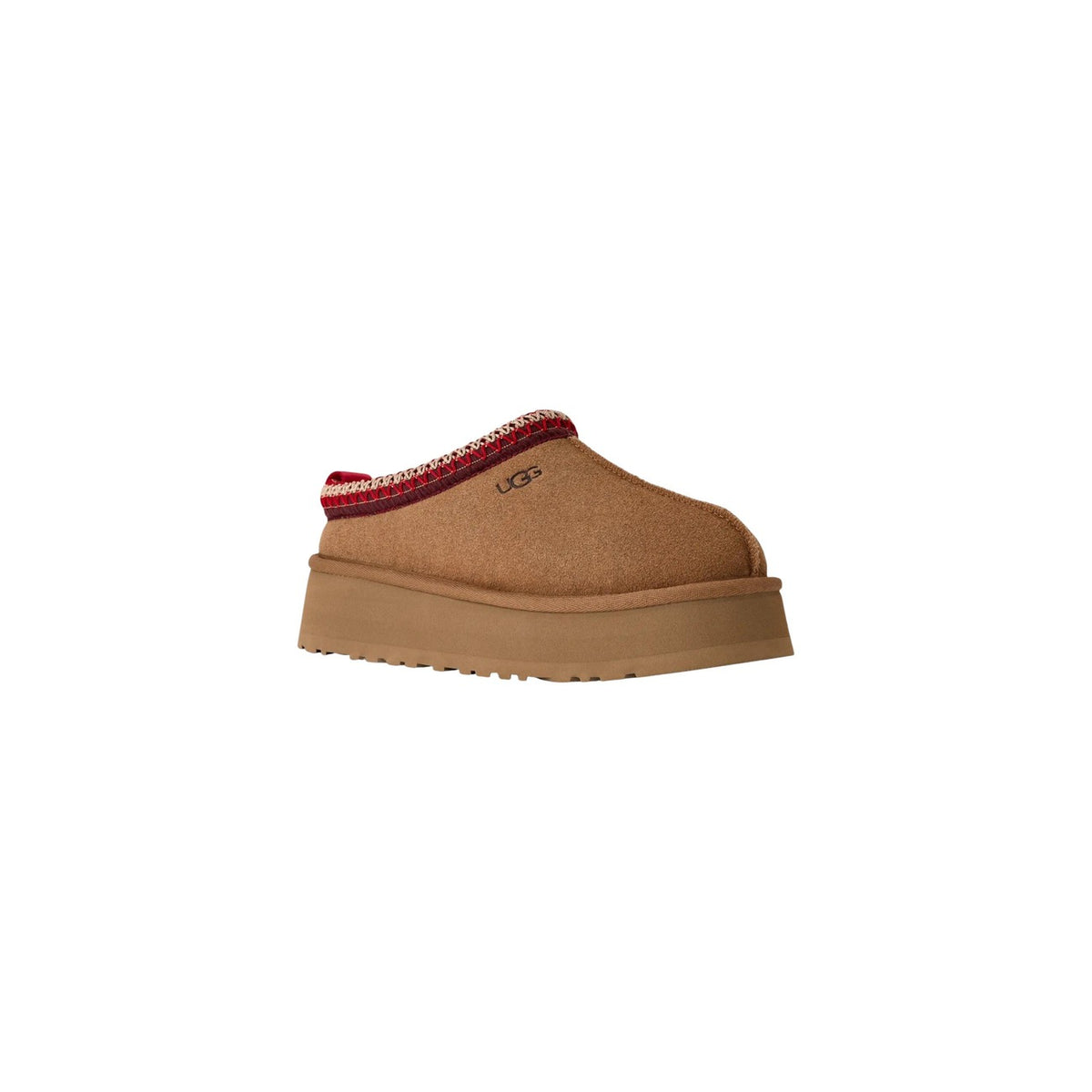 Ciabatte Chestnut UGG Tazz II 1174471. Sabot da donna scamosciati cuoio con platform in EVA da canna da zucchero di 4,4 cm, pelliccia di montone e logo impresso a caldo.