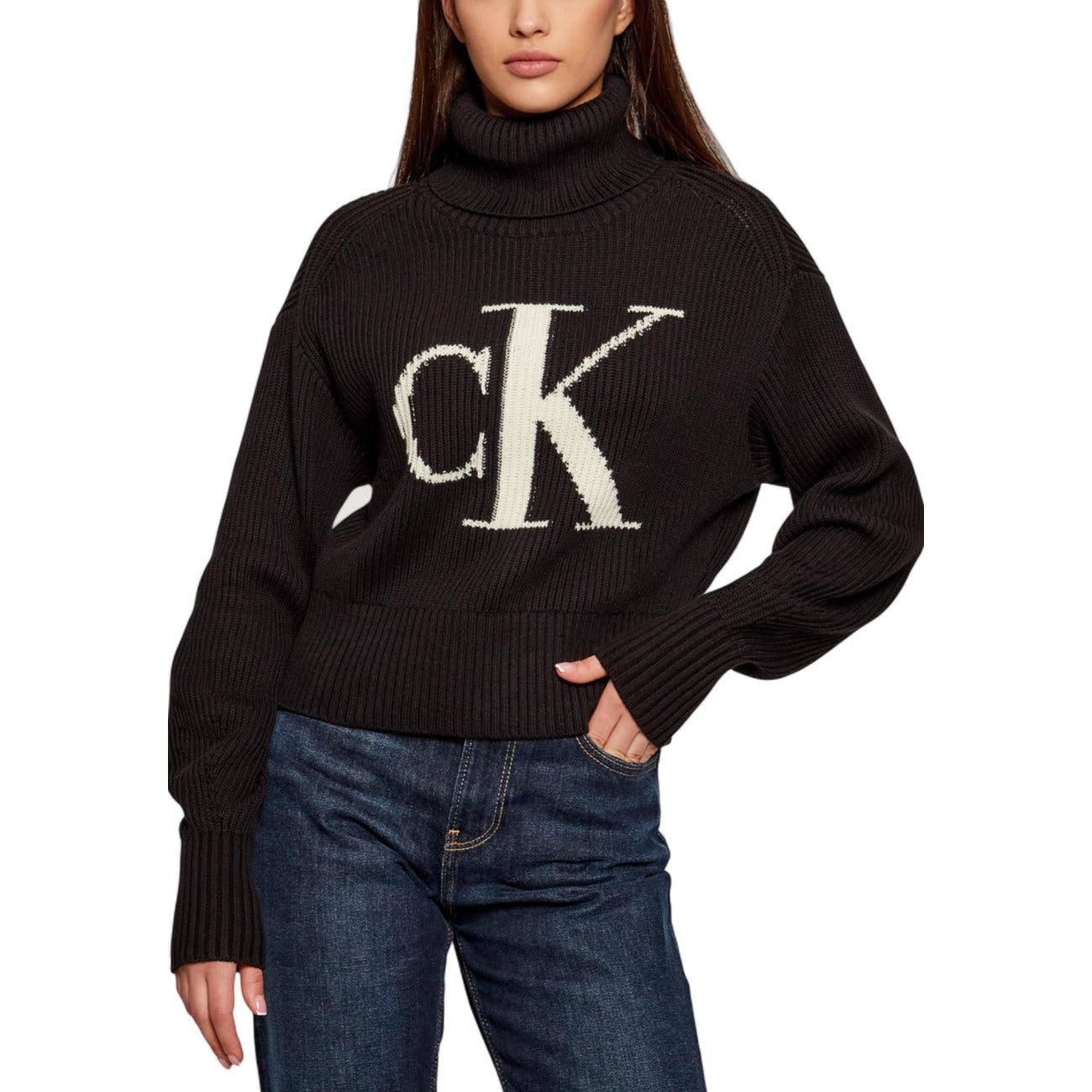 Calvin Klein Jeans Maglia Donna Bianca con Stampa Maniche Lunghe Scollo Alto - Maglia Cotone