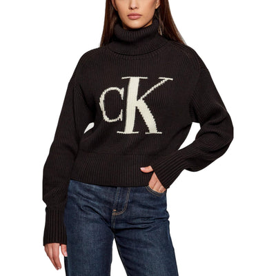 Calvin Klein Jeans Maglia Donna Bianca con Stampa Maniche Lunghe Scollo Alto - Maglia Cotone