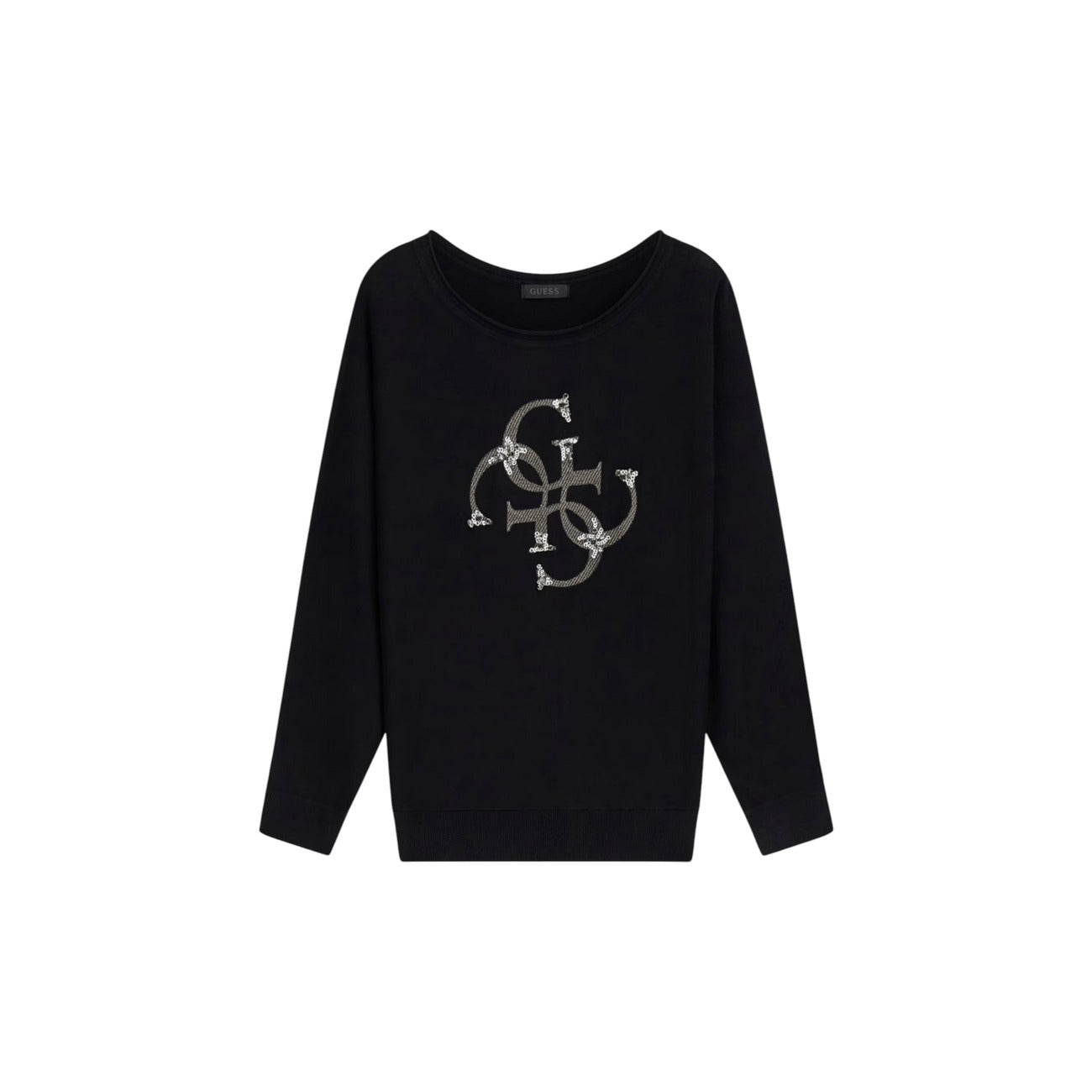 Maglia Donna Nera Guess; Viscosa elasticizzata. Taglio oversize, maniche lunghe a pipistrello, girocollo. Maxi logo frontale con applicazioni gioiello luminose, stile casual-glamour. Vista stesa frontale 