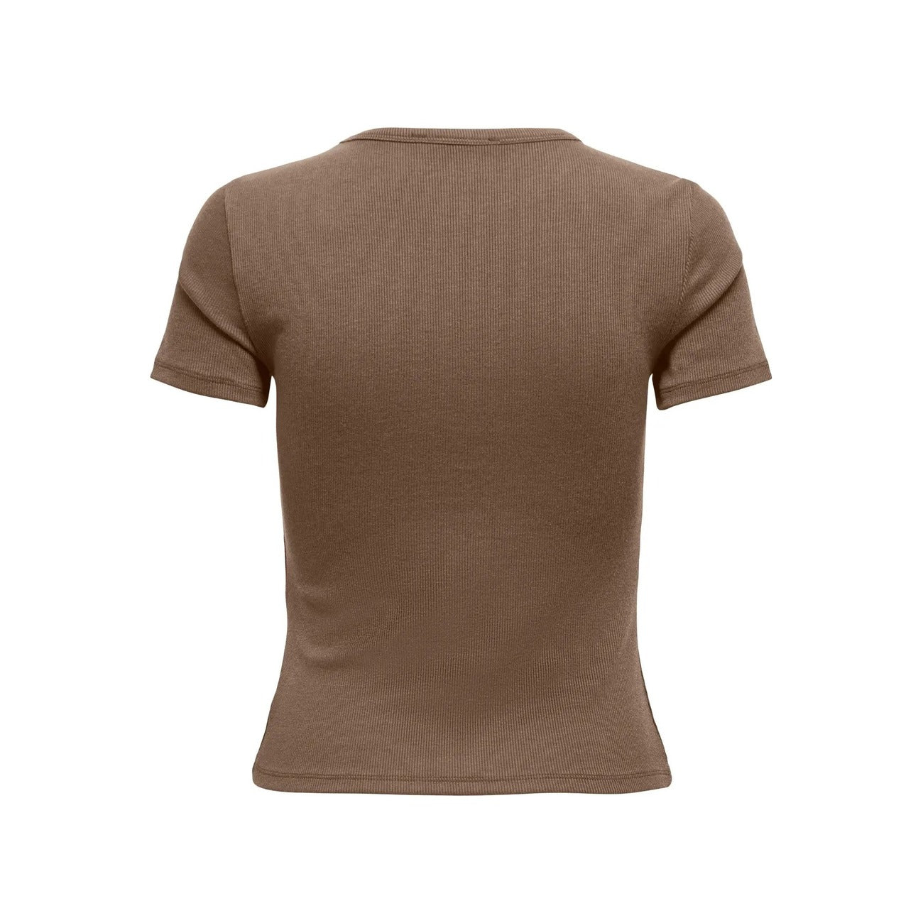 T-shirt Donna Only; Maglietta a maniche corte aderente tight fit in misto viscosa e poliestere stretch. Scollo paricollo tondo, stile casual-luxury essenziale per la primavera e l'estate. Marrone posteriore stesa 