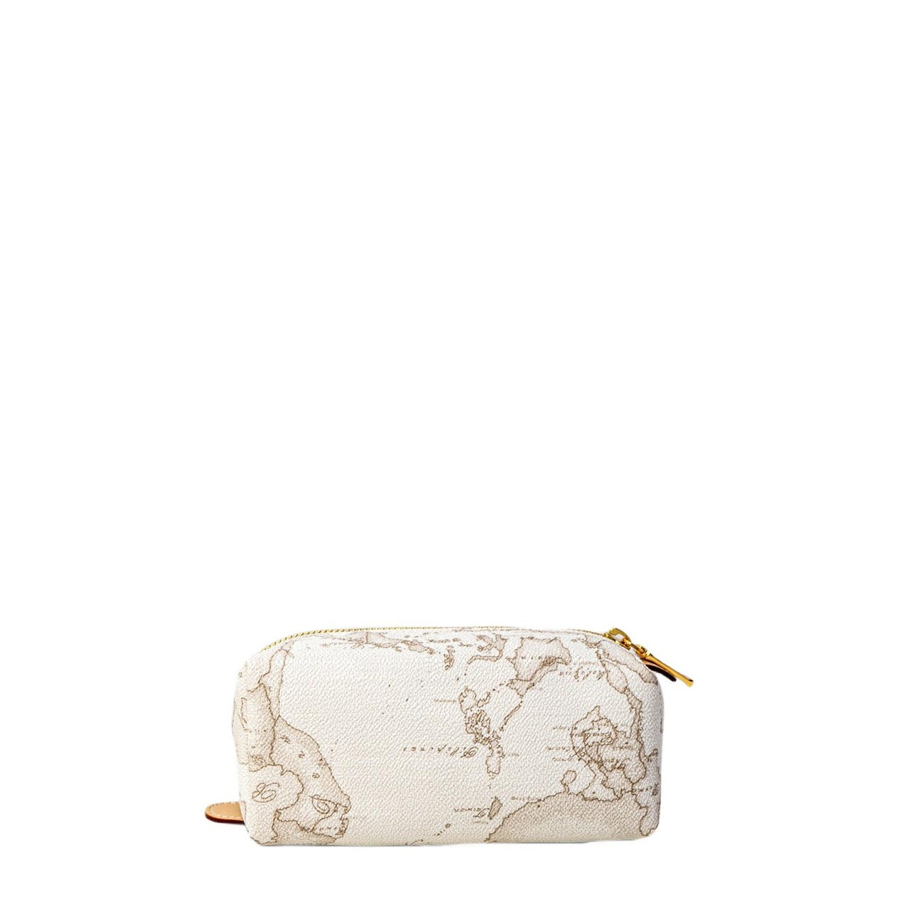 Astuccio Alviero Martini Prima Classe Geo White bianco. Pochette e beauty case squadrato da borsa in tessuto con cartina geografica bianca, finiture in pelle naturale e cerniera zip con dettagli oro, accessorio donna primavera estate Made in Italy.
