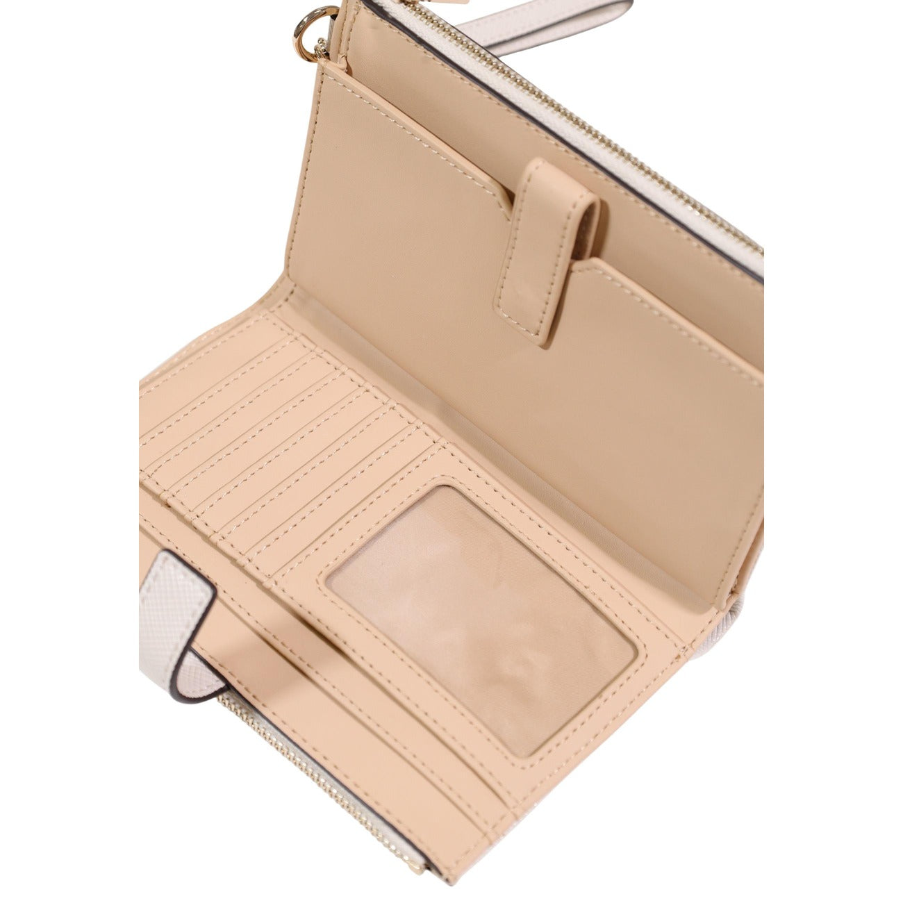 Portafoglio Guess Laurel II Organizer; 100% Poliuretano. Doppia zip, cinturino removibile, scomparti carte/monete. Accessorio donna capiente, sicuro e versatile dal look iconico. Vista aperto 