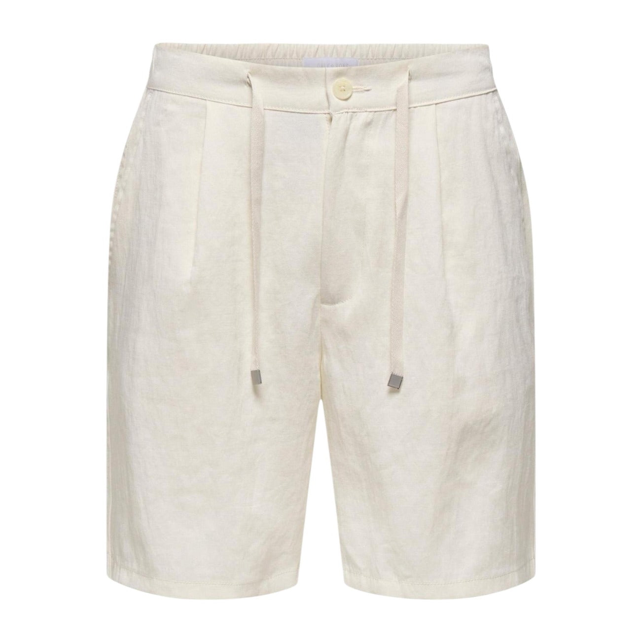 Bermuda Only & Sons Onswake Loose Beige; 80% Viscosa. Chiusura con zip e coulisse, tasche utility, vestibilità morbida. Tessuto intrecciato fresco e leggero per la stagione Primavera/Estate. Vista stesa 