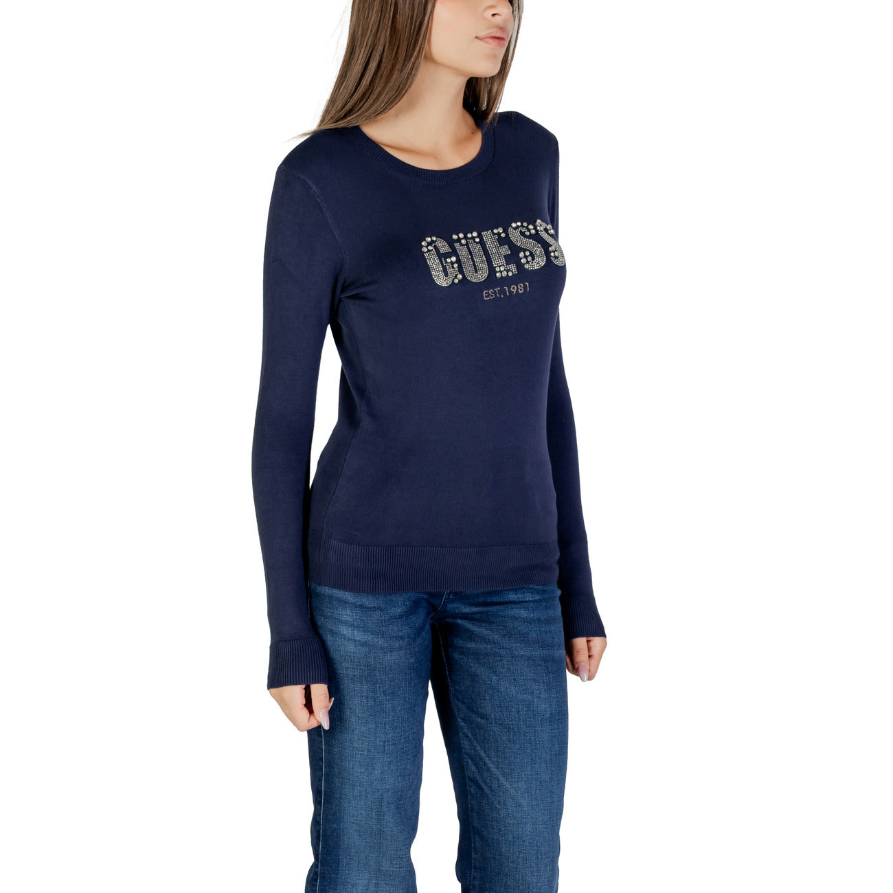 Guess Maglia Donna Blu con Stampa e Strass in 82% Viscosa 16% Poliammide 2% Elastan a Manica Lunga Scollo Tondo W5BR40 Z2NQ2