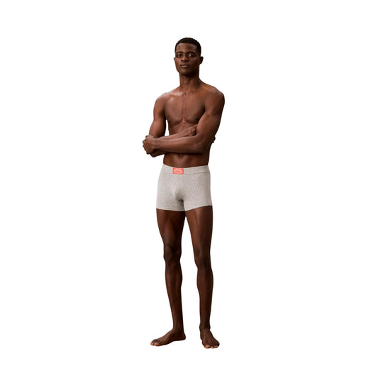 Boxer Uomo grigio Calvin Klein Trunk; Modello corto aderente in cotone e lycra elasticizzata. Tessuto a righe verticali tono su tono con etichetta logo New York City sulla vita elastica, stile casual-luxury 4 stagioni. Figura intera 