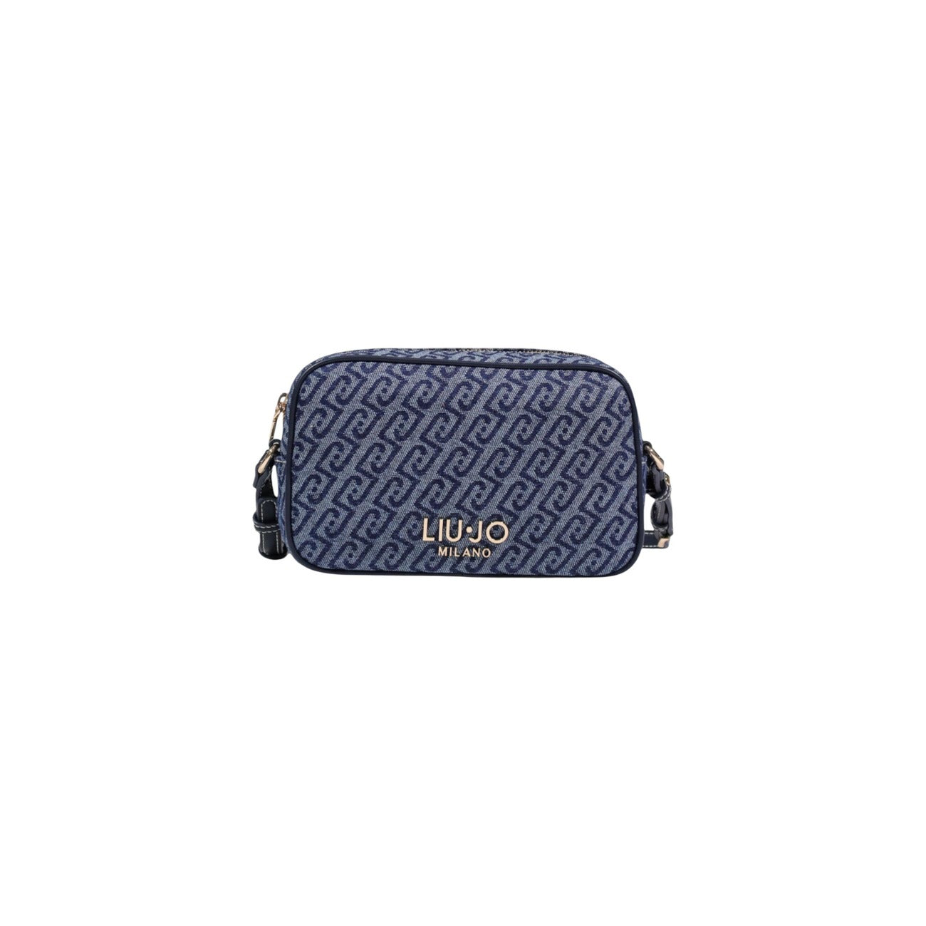 Borsa Liu Jo Camera Case Blu; 80% Cotone, 20% Poliestere. Pattern monogramma, logo metallico frontale, chiusura a cerniera. Tracolla regolabile, stile casual-elegante 4 stagioni. Vista frontale 