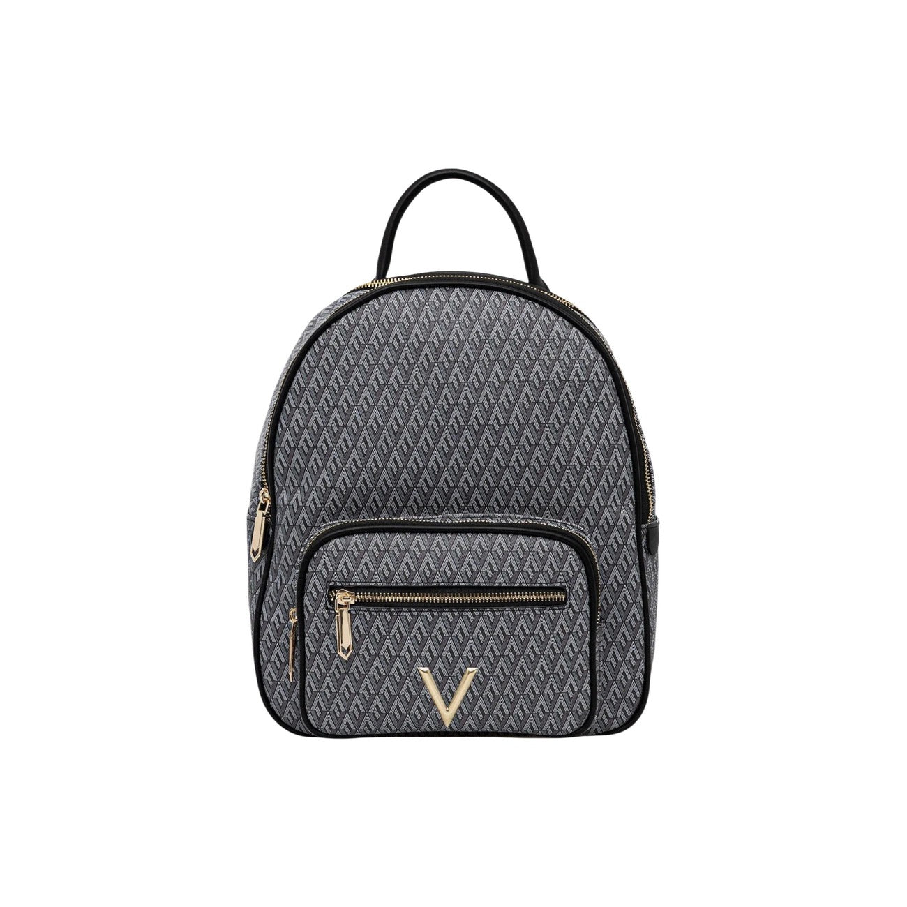 Zaino Valentino Bags Queen RE, motivo a "V" monogram, tasca frontale esterna e dettagli dorati; scomparto principale spazioso con chiusura a zip e manico superiore. Vista frontale 