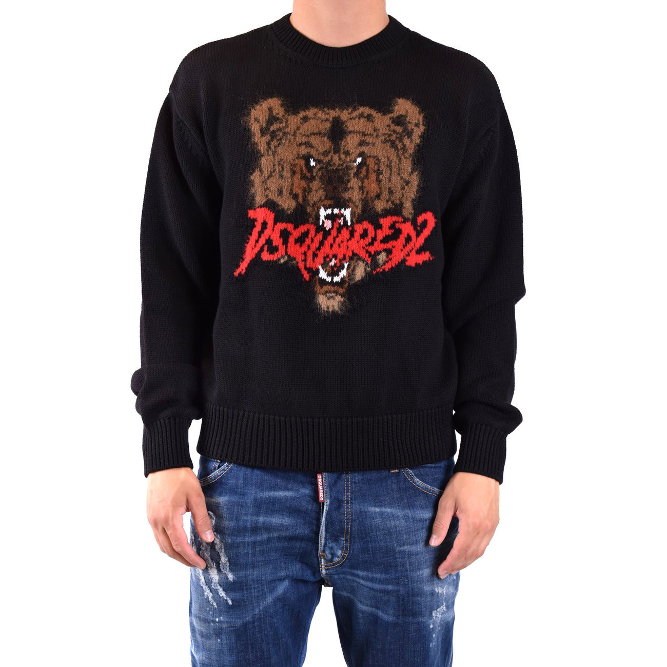 Dsquared2 Maglia Uomo Nero Stampa Scollo Tondo Manica Lunga Lana Mohair Autunno Inverno V_31630