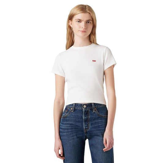 Levi's® Essential Sporty Tee Bianca; fit slim e corto, tessuto morbido e coprente, dettaglio Red Tab. Il basic sportivo essenziale. Vista frontale 