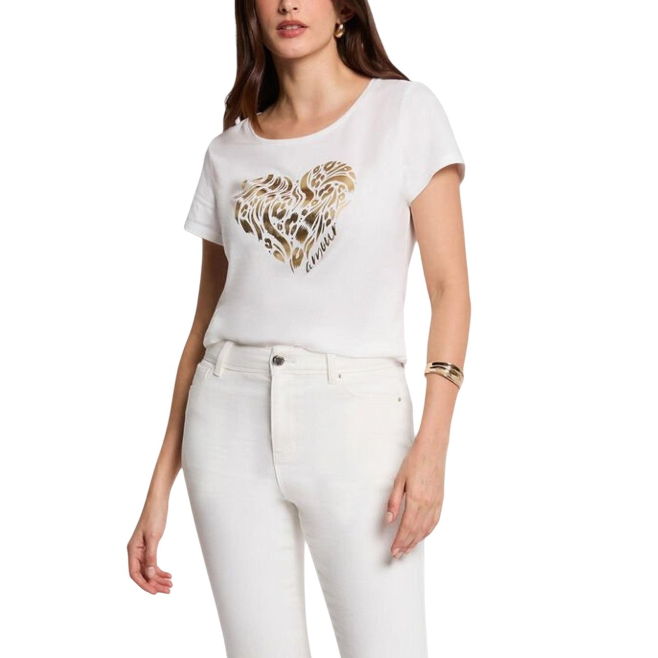 T-shirt Morgan De Toi Bianca Cuore Oro; 50% Cotone, 50% Modal. Stampa frontale lucida, maniche corte, vestibilità regular. Tessuto fluido e traspirante, stile casual-raffinato. Vista frontale 