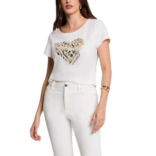 T-shirt Morgan De Toi Bianca Cuore Oro; 50% Cotone, 50% Modal. Stampa frontale lucida, maniche corte, vestibilità regular. Tessuto fluido e traspirante, stile casual-raffinato. Vista frontale 