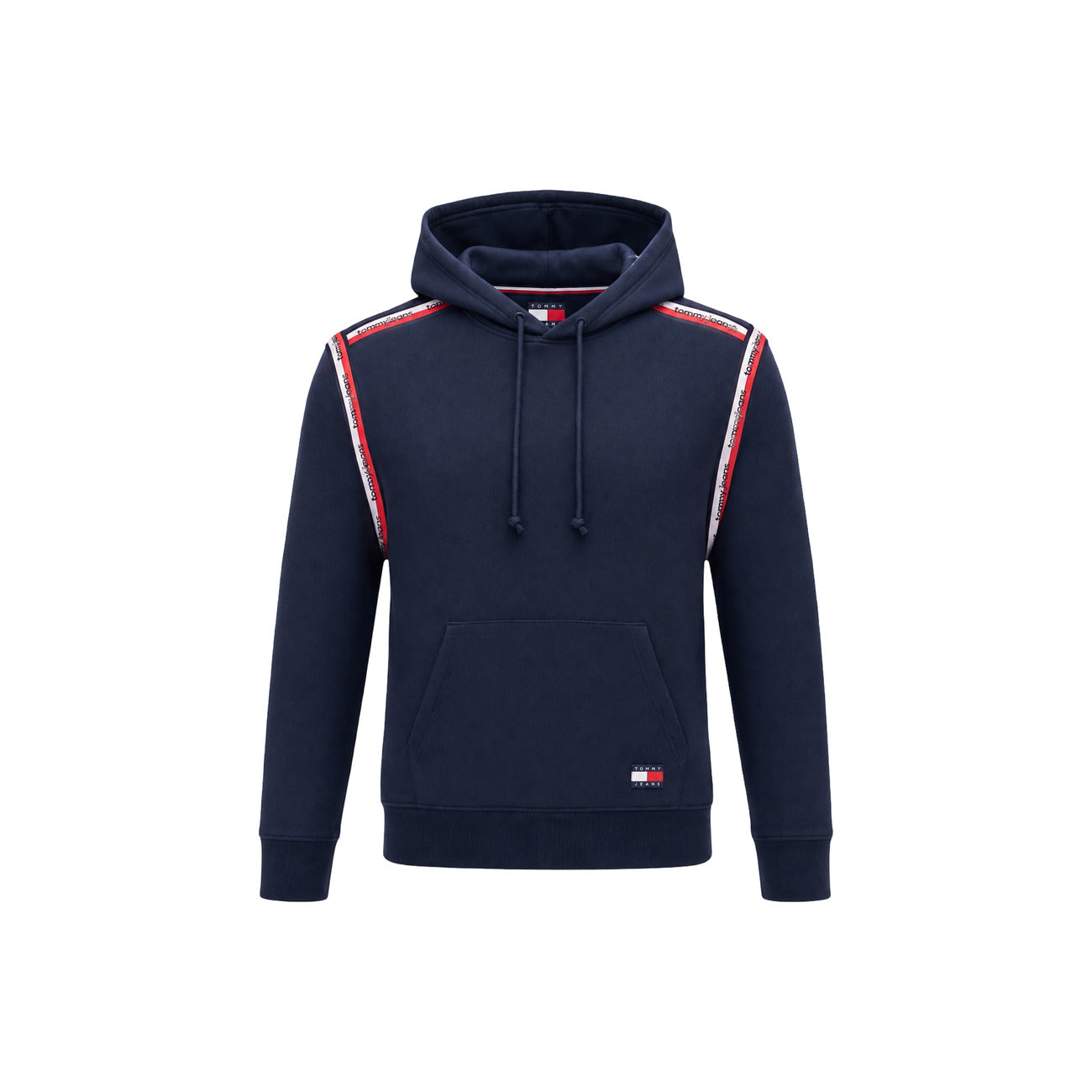 Felpa Cappuccio Uomo Tommy Hilfiger Jeans; Blu. 100% cotone rigenerato con tasca a marsupio, bande logo sulle spalle e scritte ricamate. Polsini a coste e vestibilità regolare, stile urban-casual. Vista frontale stesa 