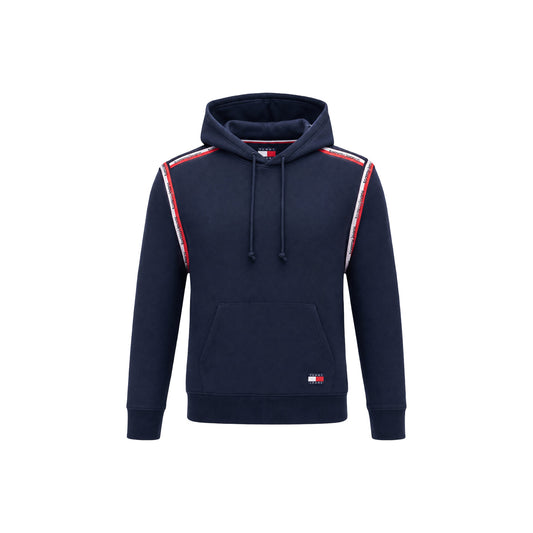 Felpa Cappuccio Uomo Tommy Hilfiger Jeans; Blu. 100% cotone rigenerato con tasca a marsupio, bande logo sulle spalle e scritte ricamate. Polsini a coste e vestibilità regolare, stile urban-casual. Vista frontale stesa 