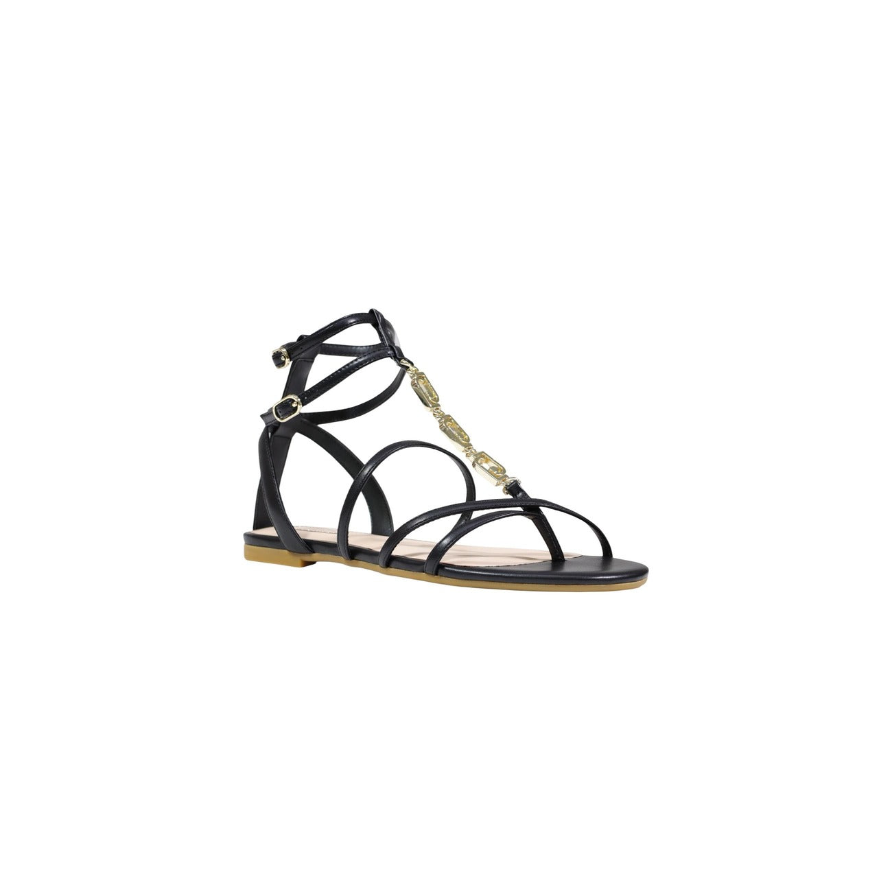 Liu-Jo Sandy 09 Sandal SA6123EX014, sandali neri bassi con cinturini intrecciati e doppia fibbia; struttura leggera in PU di alta qualità, stile versatile per la stagione primavera-estate. Vista frontale 