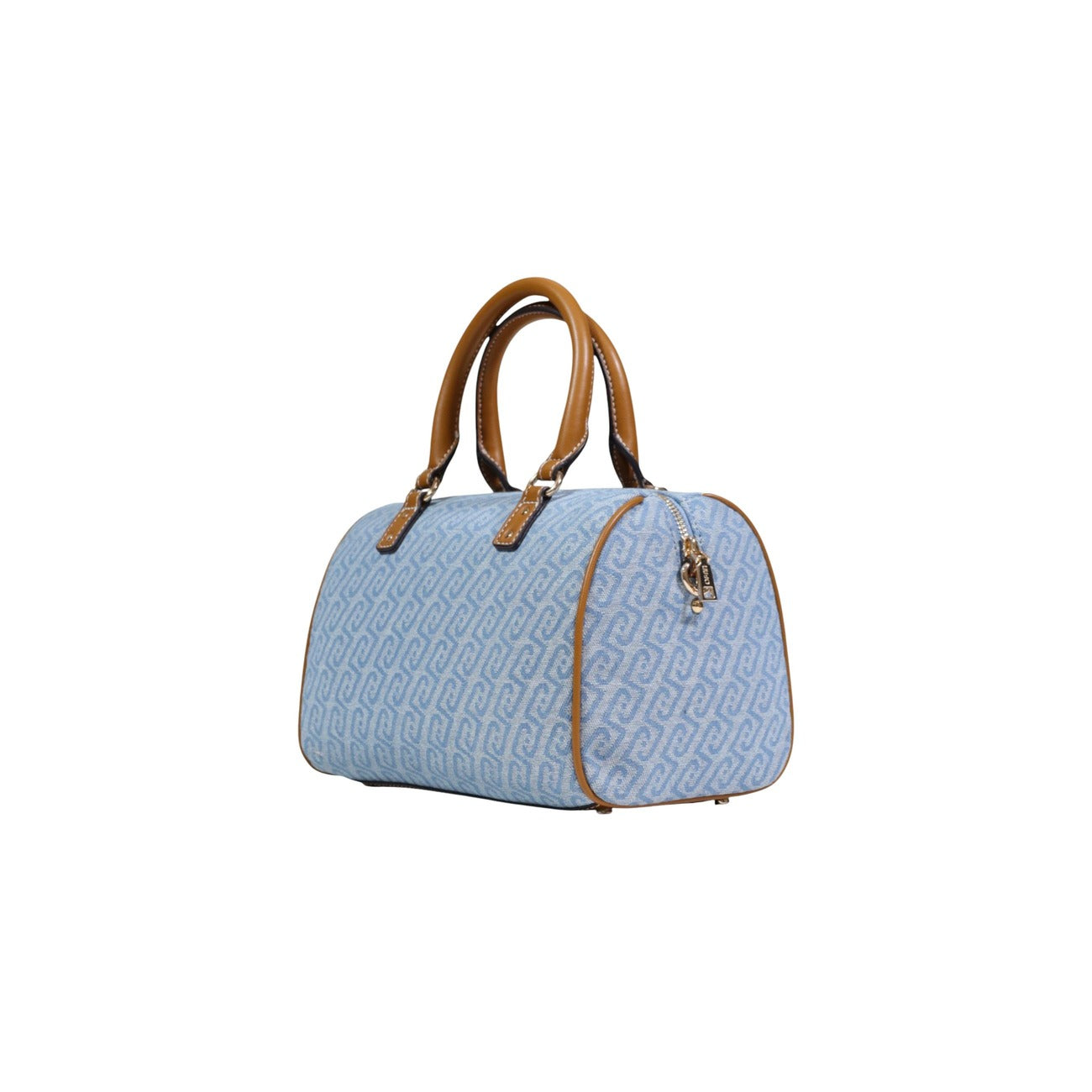 Borsa Satchel Liu Jo S; 80% Cotone, 20% Poliestere. Motivo monogramma all-over, manici rigidi, tracolla removibile e zip. Borsa donna media, chic e funzionale. Vista posteriore laterale colore denim 