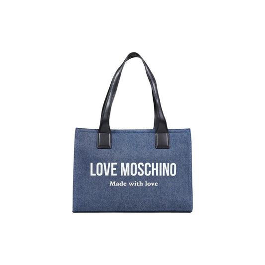 Borsa Love Moschino donna blu grande modello JC4056PP1. Shopping bag shopper in tela blu scuro con doppi manici a spalla effetto pelle, logo stampato bianco e scritta motto sul davanti, borsa da giorno per il lavoro e il tempo libero.