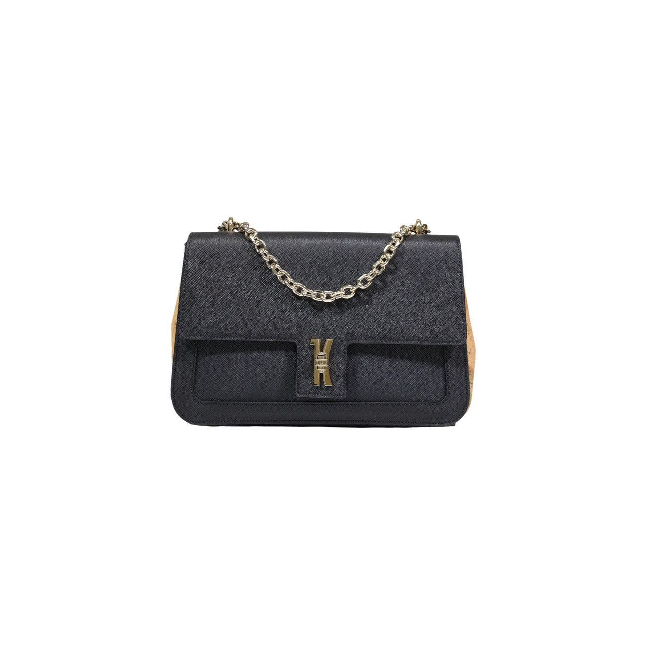 Borsa nera a tracolla Alviero Martini LF02 con catena dorata, chiusura magnetica a patta e dettaglio Geo Classic; piccola borsa a spalla in materiale tecnico resistente.