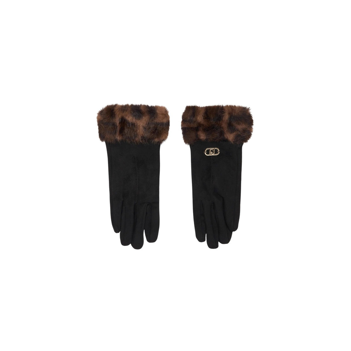 Guanti donna Liu Jo – Guanti neri invernali con ecopelliccia animalier e logo oro 2F6058T2746.
