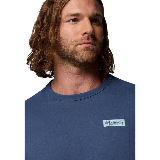 Columbia CSC™ Heavyweight T-shirt blu, maglia uomo in cotone robusto; stile classico con stampa logo, tessuto ad alto spessore per un comfort prolungato e massima durata. Vista frontale dettaglio 