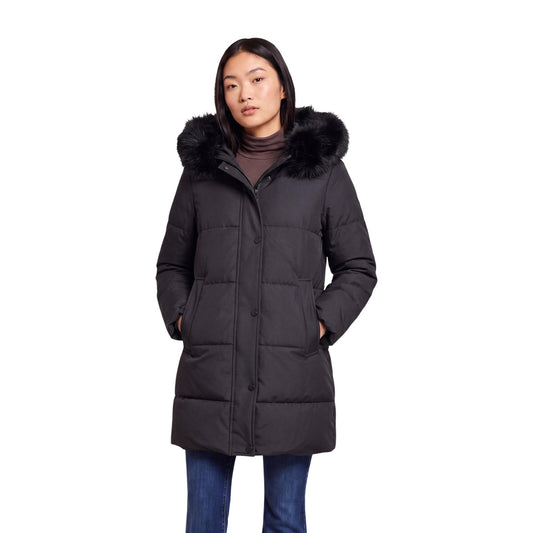 Piumino lungo donna Choral nero – Cappotto trapuntato con cappuccio pelliccia SLI6GC026281D.