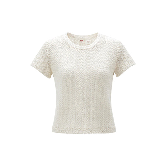T-shirt Bianca Levi's® Fiona; Effetto Pizzo Floreale. 95% Poliestere, 5% Elastam. Tessuto traforato trasparente, girocollo, vestibilità stretch. Femminile, leggera e versatile. Frontale stesa 