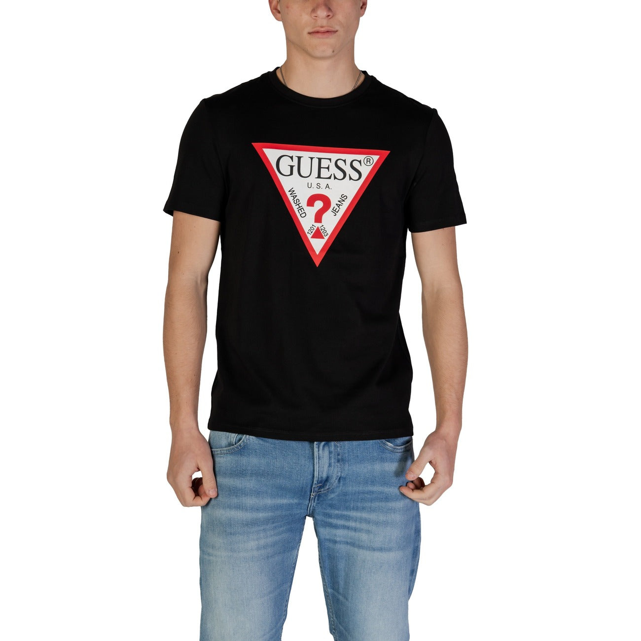 T-shirt Guess SS ORIGINAL LOGO uomo nera con stampa maniche corte scollo tondo 100% cotone - dettaglio stampa logo vista frontale 
