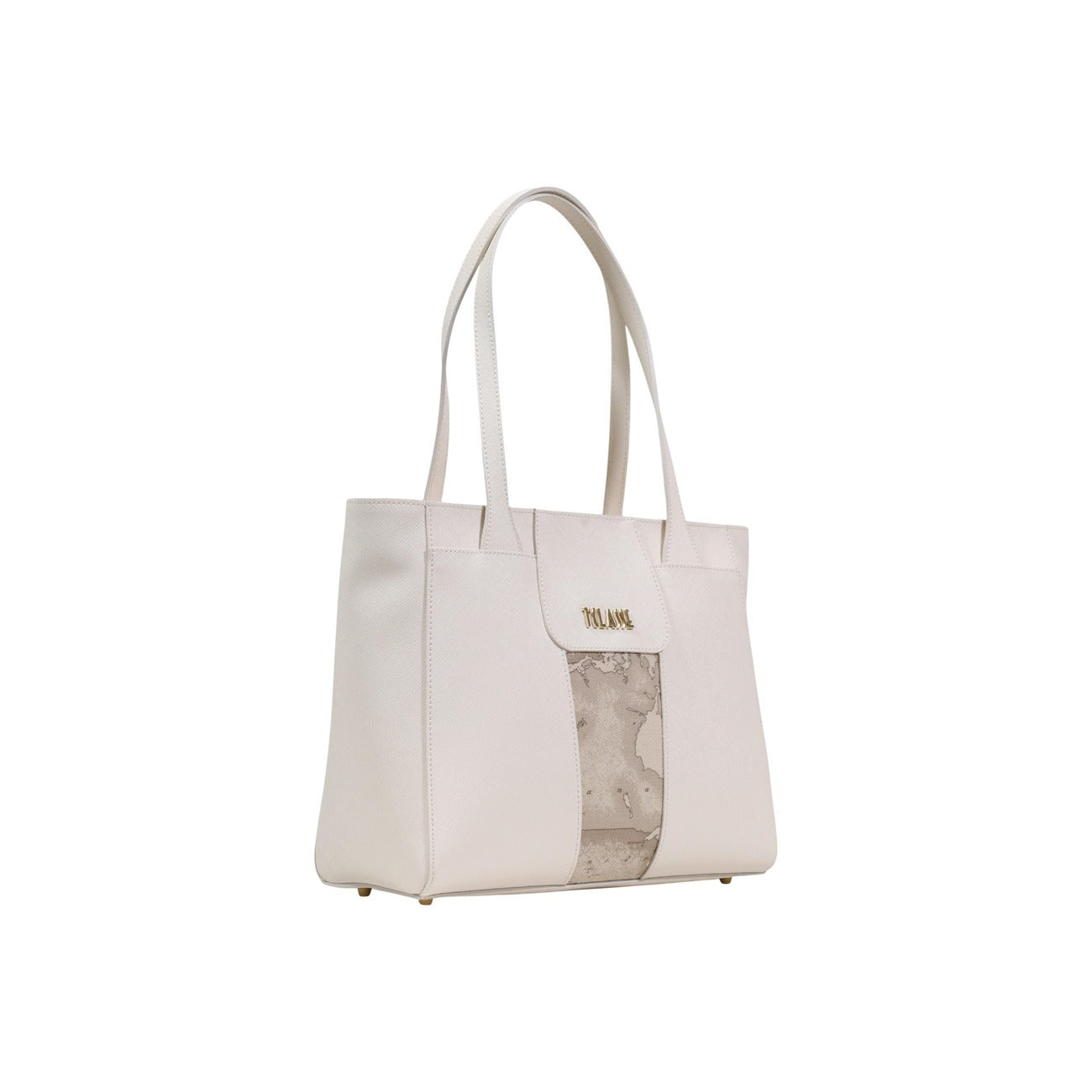Borsa shopping Bloom City Alviero Martini, tessuto saffiano Avorio e inserto Geo Safari, dimensioni 33x24x12,5 cm; borsa a spalla elegante e capiente con finiture dorate. Vista laterale 