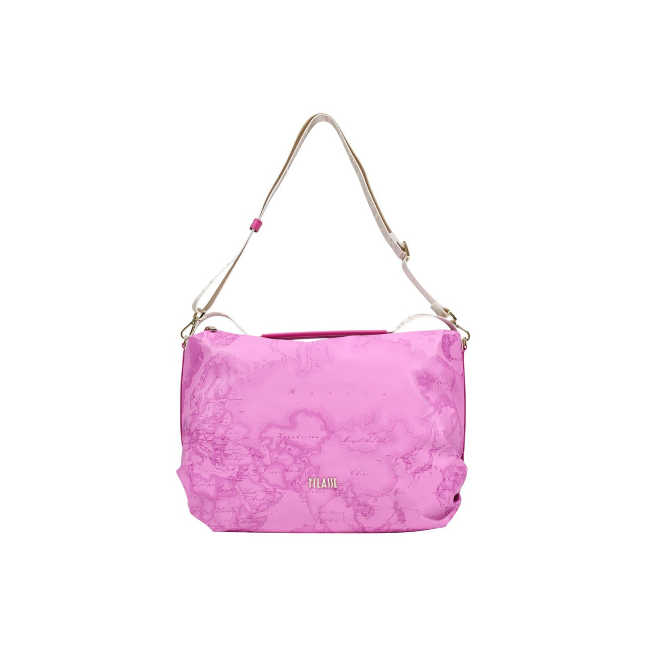 Maxi Borsa Geo Fucsia Alviero Martini; 58% Poliestere, 42% Poliuretano. Tracolla regolabile, finitura idrorepellente, ampio vano interno. Borsa donna a spalla spaziosa e leggera per ogni stagione. Vista frontale 