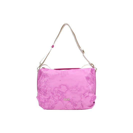 Maxi Borsa Geo Fucsia Alviero Martini; 58% Poliestere, 42% Poliuretano. Tracolla regolabile, finitura idrorepellente, ampio vano interno. Borsa donna a spalla spaziosa e leggera per ogni stagione. Vista frontale 