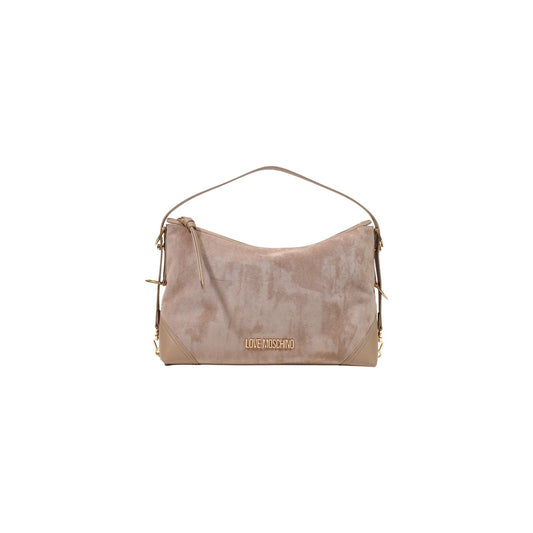 Borsa Love Moschino donna beige spalla modello JC4090PP. Borsa grande a sacco color beige sabbia/nude in tessuto morbido effetto velluto e rifiniture in ecopelle, con manico regolabile, dettagli e scritte logo in metallo oro, stile casual e chic.