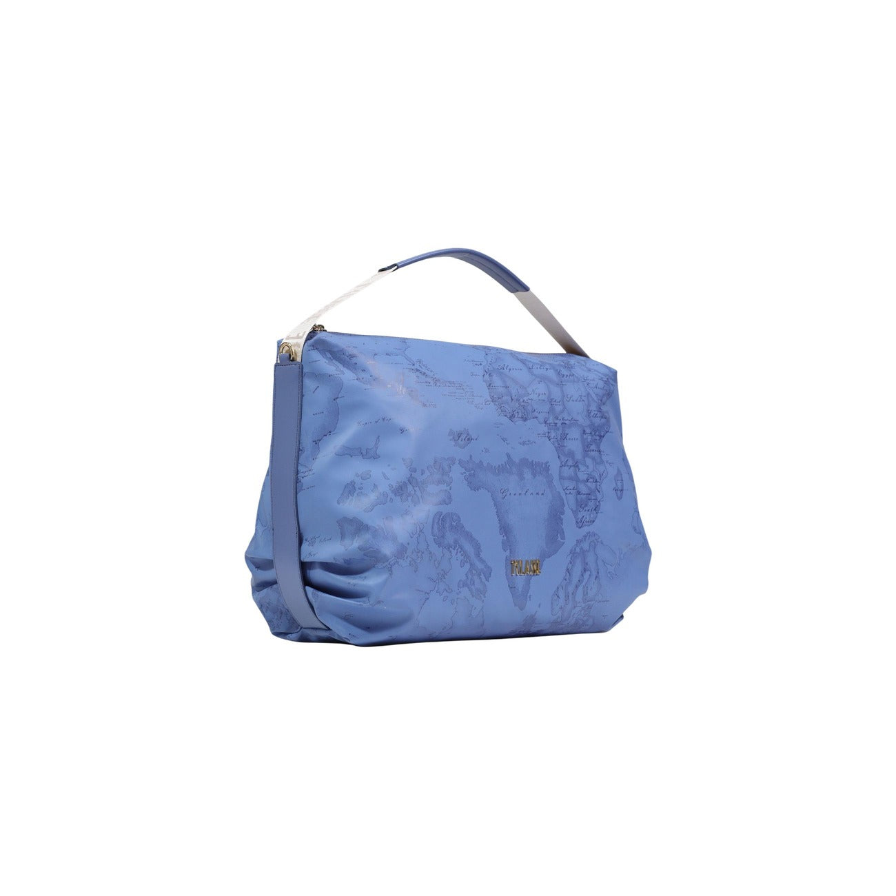 Maxi Borsa Geo Alviero Martini; 58% Poliestere, 42% Poliuretano. Tracolla regolabile, finitura idrorepellente, ampio vano interno. Borsa donna spaziosa, resistente e leggera per la PE26. Vista frontale laterale colore azzurro blu 