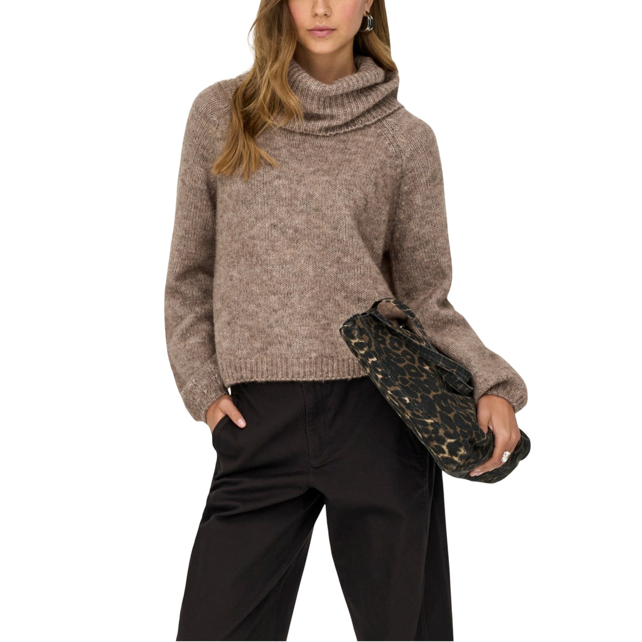 Only Maglione Donna Bordeaux Maniche Lunghe Scollo Alto - Maglione Poliestere Acrilico Lana